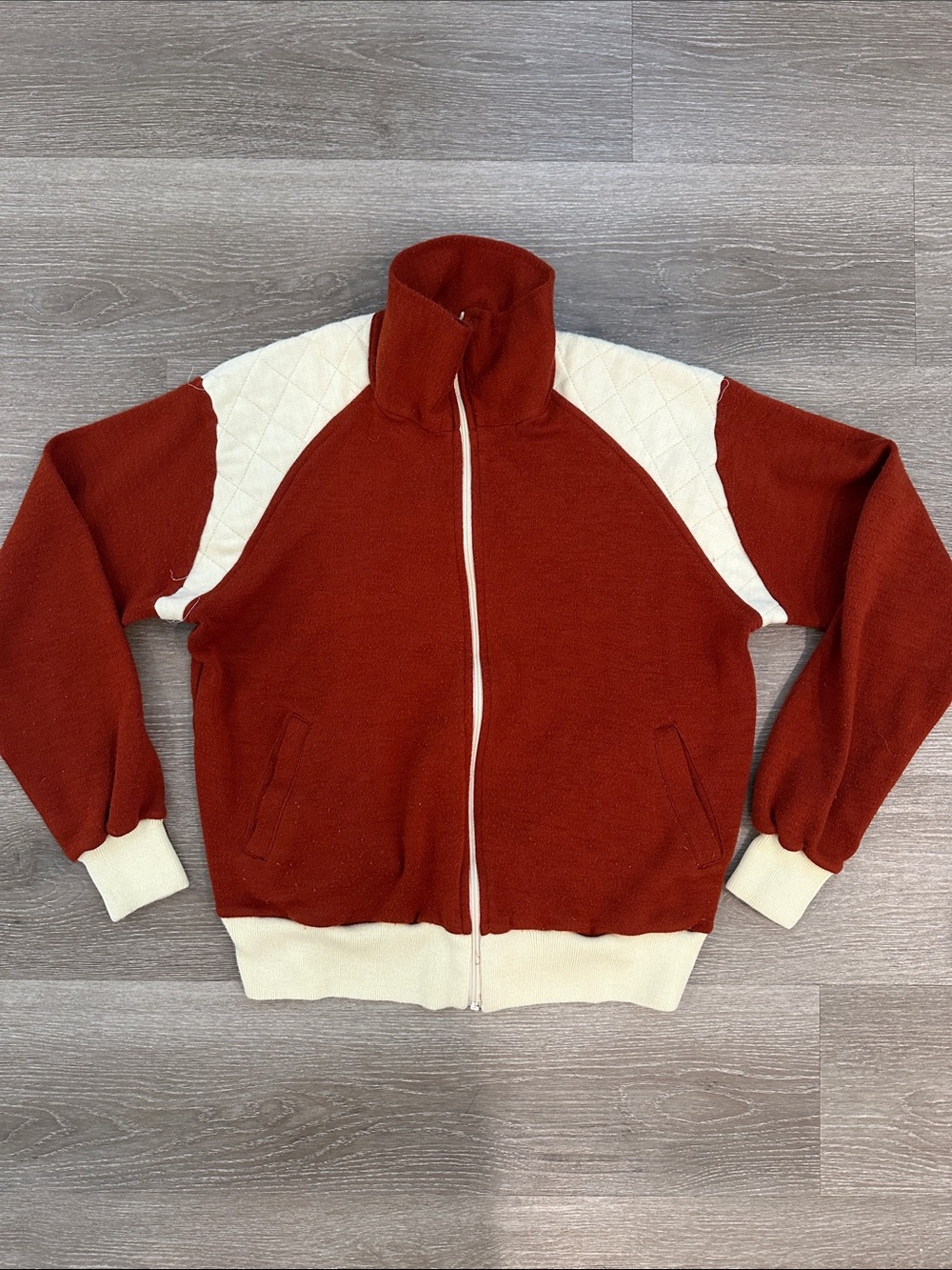 Men's Rust and Cream Zip-Up Sweater Jacket 70s 80s true vintage